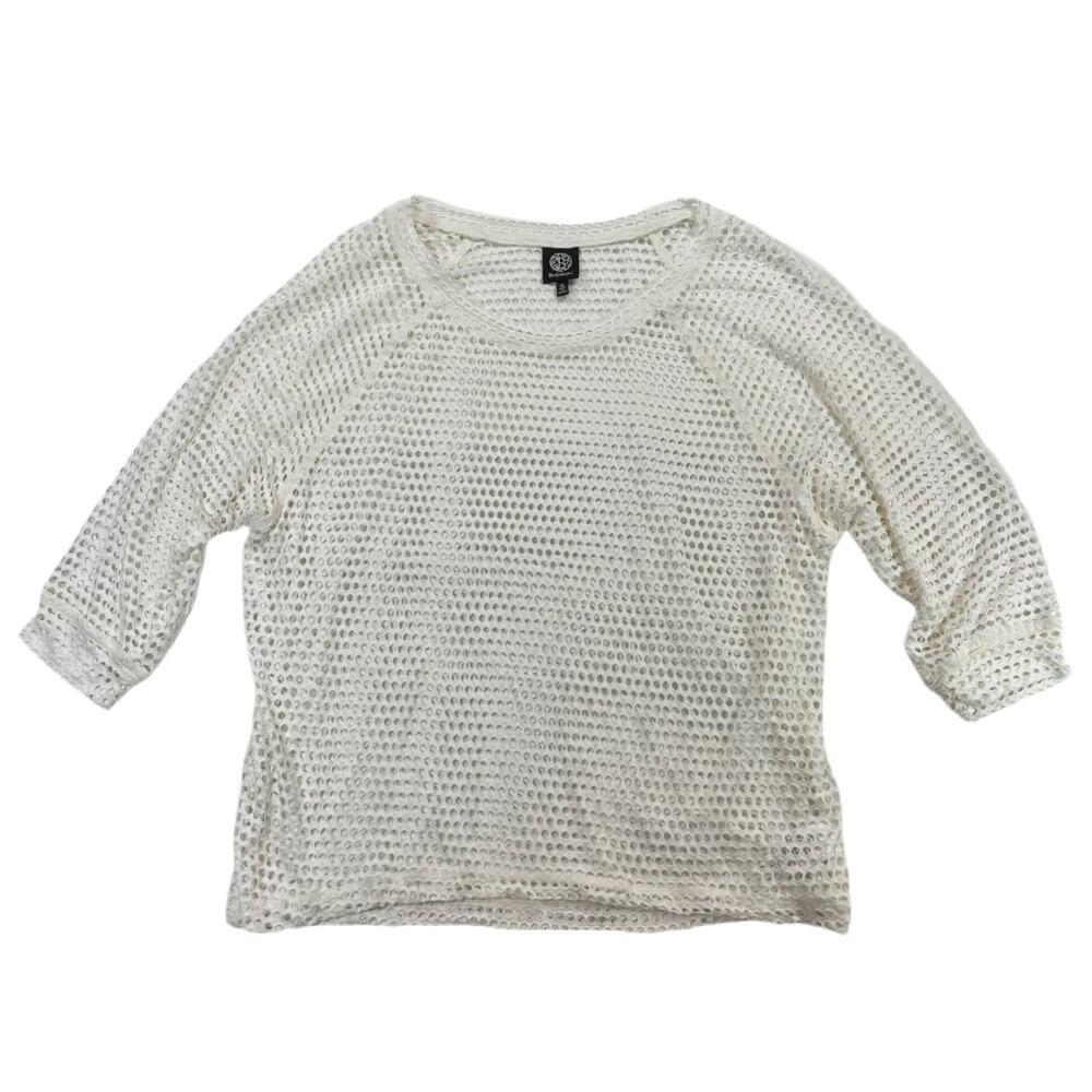 Bobeau Women's XL White Mesh Open-Knit Rayon Blend 3/4 Sleeve Sweater Top